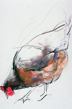 an abstract painting of a bird with red and blue feathers