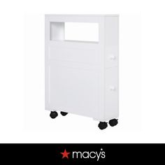 a white cabinet on wheels with the words macy's above it and below it