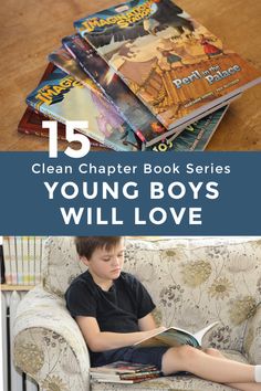 a boy sitting on a couch reading a book with the title 15 clean charter book series young boys will love