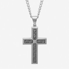 A simple diamond-accent stainless steel cross is a modern interpretation of an ageless symbol.Metal: Stainless steelStone: Diamond accentClosure: Lobster claspPendant Size: 24x49mmLength: 24”Some diamonds may consist of fewer than 17 facets.Jewelry photos are enlarged to show detail. Modern Stainless Steel Necklace For Anniversary, Stainless Steel Cross Pendant Jewelry For Anniversary, Minimalist Stainless Steel Cross Pendant Necklace, White Gold Stainless Steel Cross Pendant Necklace, Elegant Stainless Steel Cross Pendant Necklace, Stainless Steel Cross Necklace For Anniversary, White Gold Stainless Steel Cross Necklace, Elegant Stainless Steel Cross Necklace, Modern Silver Cross Pendant Necklace