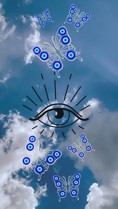 an all seeing eye surrounded by butterflies in the sky with blue and white clouds behind it