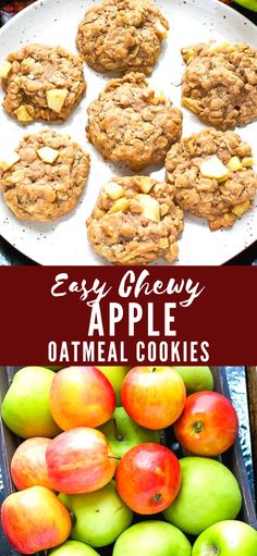 apple oatmeal cookies and apples on a plate with text overlay that reads easy chewy apple oatmeal cookies