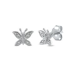 Charm and delight when you wear these playful diamond accent butterfly stud earrings in white gold. Crafted in cool 10K white gold Each butterfly-shaped earring shimmers with diamond accents along each of the four wings. These post earrings secure comfortably with friction backs. Four Wings, Butterfly Stud Earrings, Peoples Jewellers, Butterfly Earrings Stud, Winter Blues, Jewelry Designs, The Four, New Beginnings, New Life