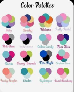 the color palettes are all in different colors and sizes, including pink, blue, green