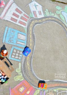 children's chalk drawings on the ground with toys