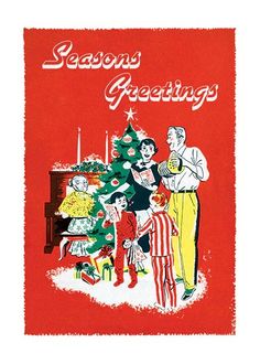 an old fashioned christmas card with people around a tree