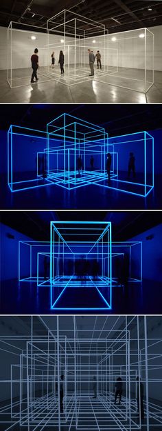 three different images of people walking in an empty room with blue lights on the floor