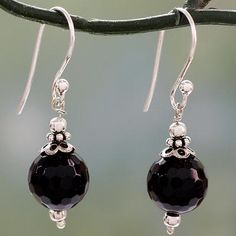 Onyx dangle earrings, 'Glorious Black' - Artisan Crafted Sterling Silver Earrings with Black Onyx Black Onyx Earrings, Black Earrings Dangle, Indian Culture, Onyx Earrings, Pretty Jewelry, Flower Beads, Accessories Diy Jewelry, Ear Rings, Handmade Wire