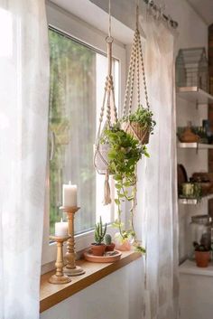 a window sill filled with potted plants next to a candle and hanging planters