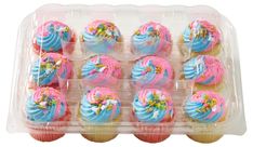 cupcakes with frosting and sprinkles in a plastic container