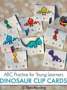 dinosaur clip cards with the words abc practice for young learners