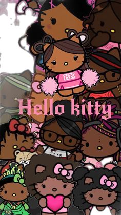 hello kitty wallpaper with many different cartoon characters on it's back ground and the words hello kitty written in pink