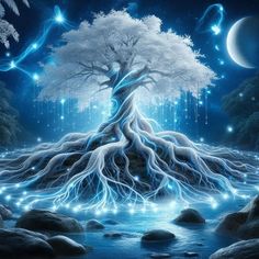 a painting of a tree with its roots exposed in the water and stars above it