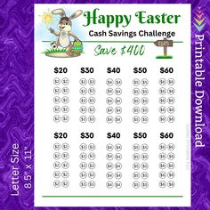 a purple and white poster with the words happy easter cash savings challenge