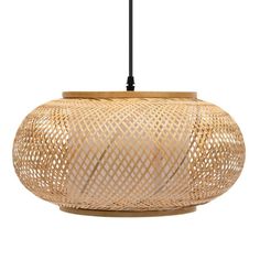 a light that is hanging from the ceiling with a wooden structure on top of it