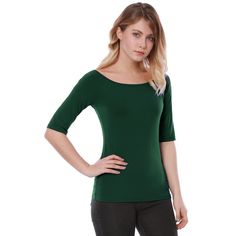 This stylish half-sleeve T-shirt boasts a flattering scoop neck and a sleek, slim fit. An essential piece for any wardrobe, this versatile top can be dressed up or down effortlessly. Pair it with your favorite jeans or denim shorts for a chic look. The stretchy, solid-color design ensures a figure-flattering fit and all-day comfort, allowing you to move with ease. Casual Fitted T-shirt With 3/4 Sleeves, Spring Green T-shirt With 3/4 Sleeve, Green Casual T-shirt With 3/4 Sleeve, Green Fitted Top With 3/4 Sleeves, Fitted Casual T-shirt With 3/4 Sleeves, Green Scoop Neck T-shirt, Half Sleeve Tops, Women's T Shirts, Chic Woman