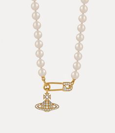 Held together by a string of pearls, the Lucrece Pearl necklace is designed with a crystal-encrusted orb and a safety pin motif. Punk Inspiration, String Of Pearls, Gold Pearl Necklace, Pin Pendant, Safety Pin, Vivienne Westwood, Cute Jewelry, Necklace Designs, Luxury Jewelry