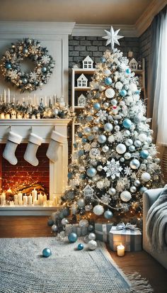 a decorated christmas tree in front of a fireplace