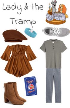 the lady and the tramp costume is shown with shoes, clothing, and accessories