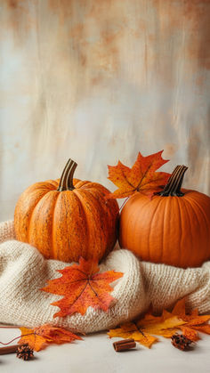 two pumpkins, one in a sweater and the other with autumn leaves on it