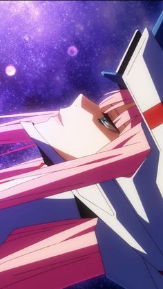 an anime character is sitting on a bench in the space with purple and pink colors