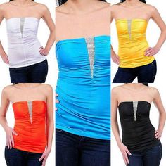 S M L Strapless Tube Top Rhinestone Sparkling Satin Solid Shirred Stretch Club Glamorous Bandeau Stretch Tops, Glamorous Stretch Strapless Tube Top, Glamorous Strapless Stretch Tube Top, Tube Tops, The Triangle, Quilted Vest, How To Look Classy, Fashion Tops, Tube Top