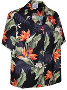 Couples Matching Print 100% Cotton | Made in Hawaii Spread Collar No Chest Pocket Camp Style | No Bust Darts Genuine Coconut Shell Buttons Cool Lightweight Fabric Machine Washable Pacific Legend / Women's Hawaiian Cotton Shirt - Style 346 SIZE BUST LENGTH SMALL 42" 26" MEDIUM 44" 26.5" LARGE 46" 27" X-LARGE 48" 27.5" 2X 50" 28" Black Hawaiian Shirt, Hawaiian Shirt Women, Tropical Shirts, Paradise Valley, Bird Of Paradise, Mens Hawaiian Shirts, Aloha Shirt, Hawaii Shirt, Hawaiian Shirts