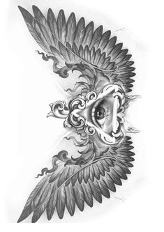 a drawing of an eye with wings on it