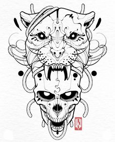 two cats with skulls on their heads and one cat's face in the middle