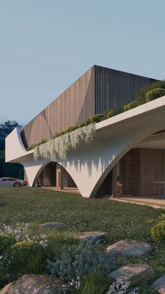 an architectural rendering of a house with plants growing on it's roof and walls