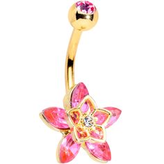 a yellow and pink flower belly ring with a crystal stone in the center on a white background