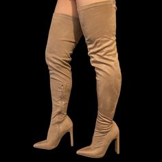 True To Size, Feels Very Comfortable! Brand New! * Suede Upper * Zipper Closure * Pointy Toe Heel Height: 4.25" Shaft Height: 25.5" Circumference Of Opening: 18" Man Made Materials Made In China These Babies Set The Bar Pretty High As Far As Thigh-High Boots Go... Pointy, Over-The-Knee, Vegan Suede Boots Feature An Extra High Shaft And A Flat, Bar-Shaped Chunky Heel. Shoes Are Finished With A Ridged Sole And A Side Zipper For Easy On And Off. The Splice-1 Thigh High Boots Will Look Perfect With Casual Fitted Over-the-knee Heeled Boots, Casual Fitted Thigh High Boots, Fitted Beige Legwear For Fall, Elegant Thigh High Suede Boots, Casual Fitted Thigh High Heeled Boots, Fitted Brown Boots For Night Out, Fitted Thigh High Suede Boots, Beige Boots For Night Out, Fitted Beige Boots For Party