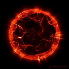 an orange circle with some light streaks in the middle on a black background that looks like fire