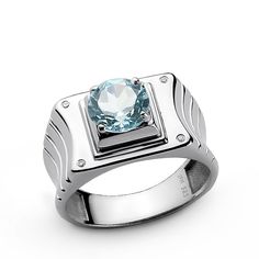 Metal: Sterling Silver Purity: 925 (hallmarked)Gemstone ctw: 2.40Cut: Round FacetedDiameter: 8 mm (0.3")Setting Type: ProngAccent Stones: DiamondsCarat Total Weight: 0.04Setting Type: FlushCut/Color/Clarity: Good/H/VS1 ------------------- The refined ring, that captivates with a stunning style! Created from brilliant silver, this ring boasts round faceted gemstone on the top. Show this one off because it's too special to hide! 4 Diamond Ring, Blue Topaz Meaning, Topaz Meaning, Blue Topaz Gemstone, Topaz Jewelry, Simple Diamonds, Diamonds Ring, Men Diamond Ring, Sterling Silver Mens