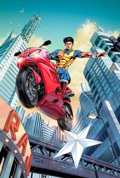 a man flying through the air on top of a red motorcycle in front of tall buildings