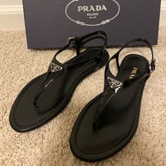 Black Vernice Prada Sandals Silver Triangle Logo Adjustable Straps Never Been Worn Comes With Original Packaging Fits Size 6-6.5 *Animal And Smoke Free Home* Designer Ankle Strap Sandals For Beach, Designer Ankle Strap Sandals For Vacation, Prada Sandals, Shoes Prada, Triangle Logo, Prada Shoes, Lace Up Flat, Flat Sandals, Women's Shoes Sandals