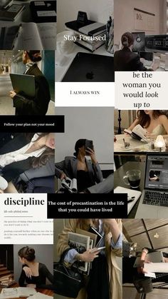 a collage of photos with people working on computers and writing in their office desks