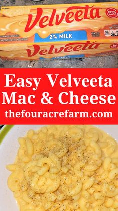 an image of macaroni and cheese on a plate with text overlay that reads easy velveeta mac & cheese