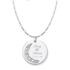 "This personalized silver \"to the moon and back\" necklace can be custom engraved with a name, initials, or date on both sides. These personalized charm necklaces have an elegant moon with cubic zirconia stones that will shine and glimmer. Each engraved pendant includes a necklace [pictured] with custom sizes available. Silver Moon Charm Necklace DIMENSIONS: 1.25\" x 1.25\" How To Send Engraving Instructions: When you are ready to order click ADD TO CART. During checkout fill out the ADD A NOTE Engraved Moon Necklace For Anniversary, Engraved Moon Shaped Necklace For Anniversary, Moon Shaped Birthstone Necklace For Anniversary, Moon-shaped Birthstone Necklace For Anniversary, Engraved Moon Shaped Anniversary Necklace, Engraved Moon Shaped Jewelry For Wedding, Silver Laser Engraved Jewelry For Anniversary Gift, Laser Engraved Silver Jewelry For Anniversary Gift, Engraved Moon Shaped Wedding Jewelry