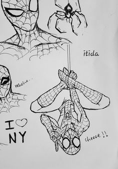 some drawings of spiderman hanging upside down