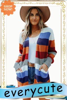 Multi-color Striped Pocketed Cardigan Cardigan Tops, Winter Sweaters, Color Stripes, Sweaters & Cardigans, Cardigans, Multi Color, Fall Winter, Women's Top, Color