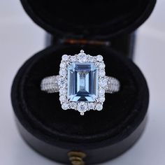 4Ct Genuine Aquamarine Engagement Ring Halo Emerald Step Cut Aquamarin – BELLAWIE Center Stone Engagement Ring, Halo Engagement Ring Emerald, Engagement Ring Halo, Cute Engagement Rings, Expensive Jewelry Luxury, Ring Halo, Aquamarine Engagement Ring, Jewelry Accessories Ideas, Step Cut