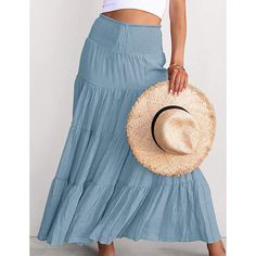 Light Blue Bohemia Pleated High Waist Maxi Skirt Light Blue Lined Skirt For The Beach, Light Blue Skirted Beach Bottoms, Light Blue Skirted Bottoms For Beach, Blue Maxi Skirt With Elastic Waistband For Vacation, Blue Long Skirt For Summer, Light Blue Beach Skirt, Light Blue Lined Skirt For Vacation, Casual Light Blue Lined Maxi Skirt, Blue Relaxed Fit Maxi Skirt For Vacation