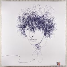 a drawing of a young man with curly hair on his head and eyes closed, in front of a white background