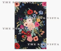 the rug is decorated with colorful flowers and leaves on black background, which reads the rug vista