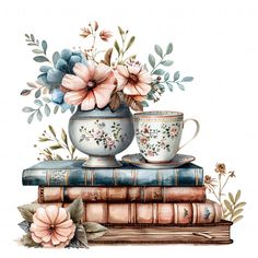 watercolor painting of two cups on top of books with flowers in the vases