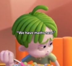 a cartoon character with green hair holding a spoon in front of a bowl of cereal