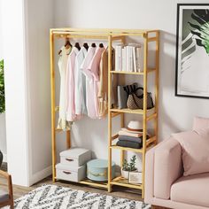 a living room with a pink couch and shelving unit filled with clothes on hangers