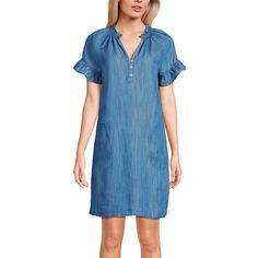 You'll love the breezy summer style of this Chambray Short Sleeve Shift Dress from Lands' End.Click on this WOMEN'S GUIDE to find the perfect fit and more! You'll love the breezy summer style of this Chambray Short Sleeve Shift Dress from Lands' End.Click on this WOMEN'S GUIDE to find the perfect fit and more! FEATURES Shift silhouette Y-neck 3-button front Short ruffle sleeves 2 pockets Straight hem UnlinedFIT & SIZING Easy drapey fit 36-in. length from shoulder to hem Mini length hits at the t Short Sleeve Shift Dress, Chambray Shorts, Plus Size Shorts, Ruffle Sleeves, Dress Clothes For Women, Plus Size Tops, Lands End, Summer Style, Chambray