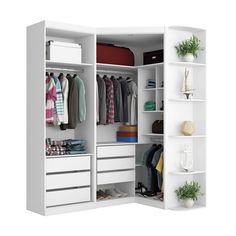 an open white closet with clothes and shoes on the shelves, next to a potted plant